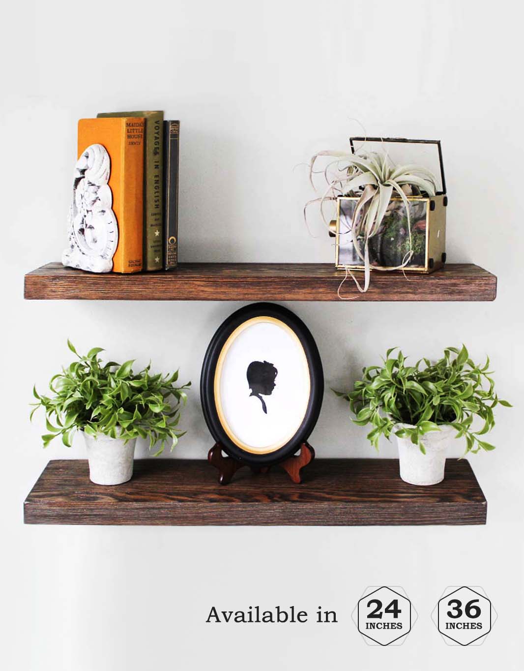 Rustic wooden floating shelves perfect for plants, books, and home décor.
