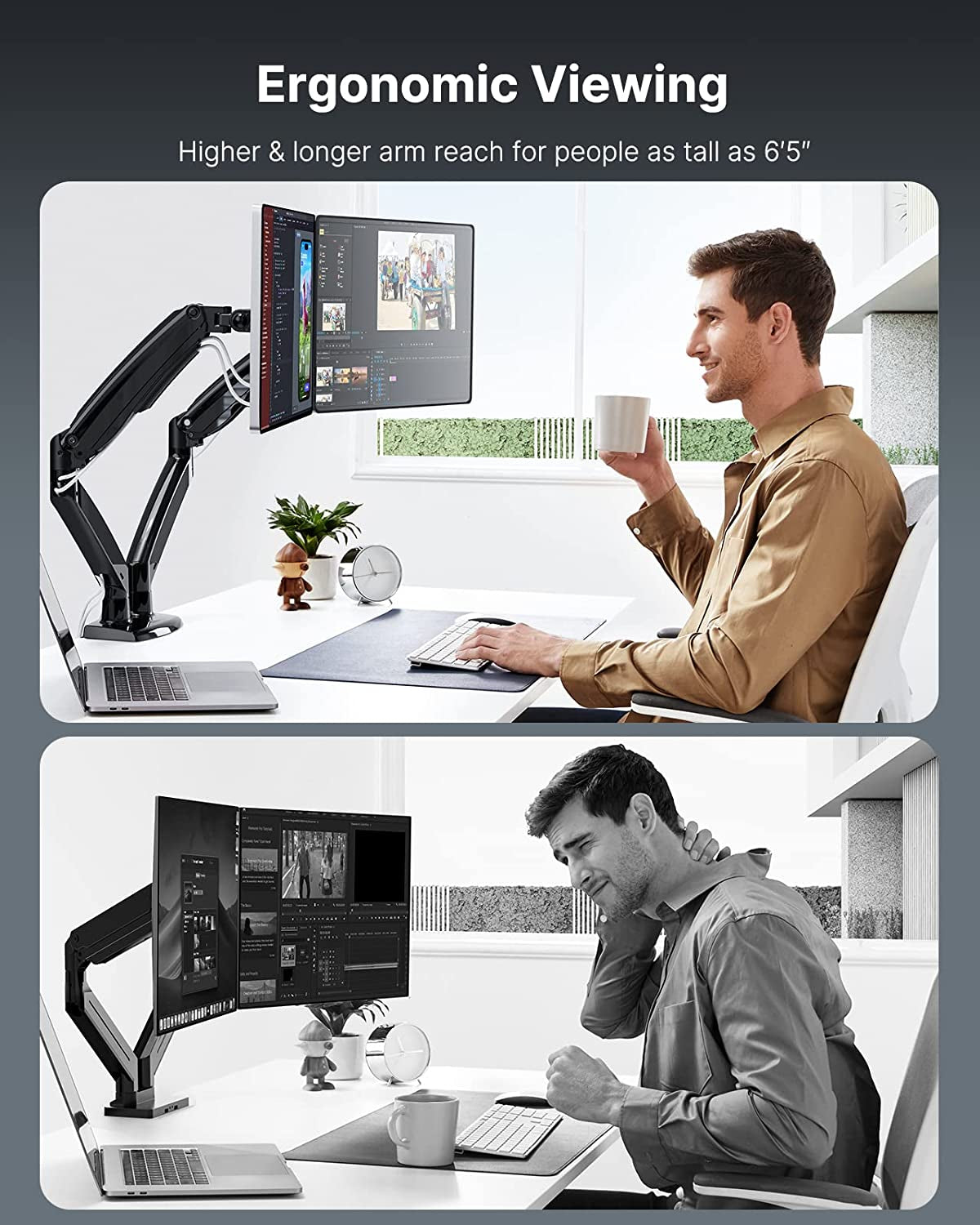 Man using ergonomic dual monitor arm desk mount while working