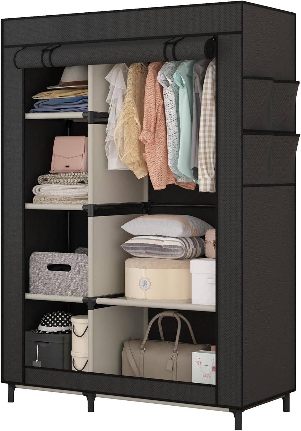Fabric wardrobe closet with shelves and hanging space for organized clothing storage.