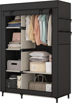 Fabric wardrobe closet with shelves and hanging space for organized clothing storage.