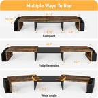 Adjustable wooden monitor stand with compact, extended, and wide-angle setups