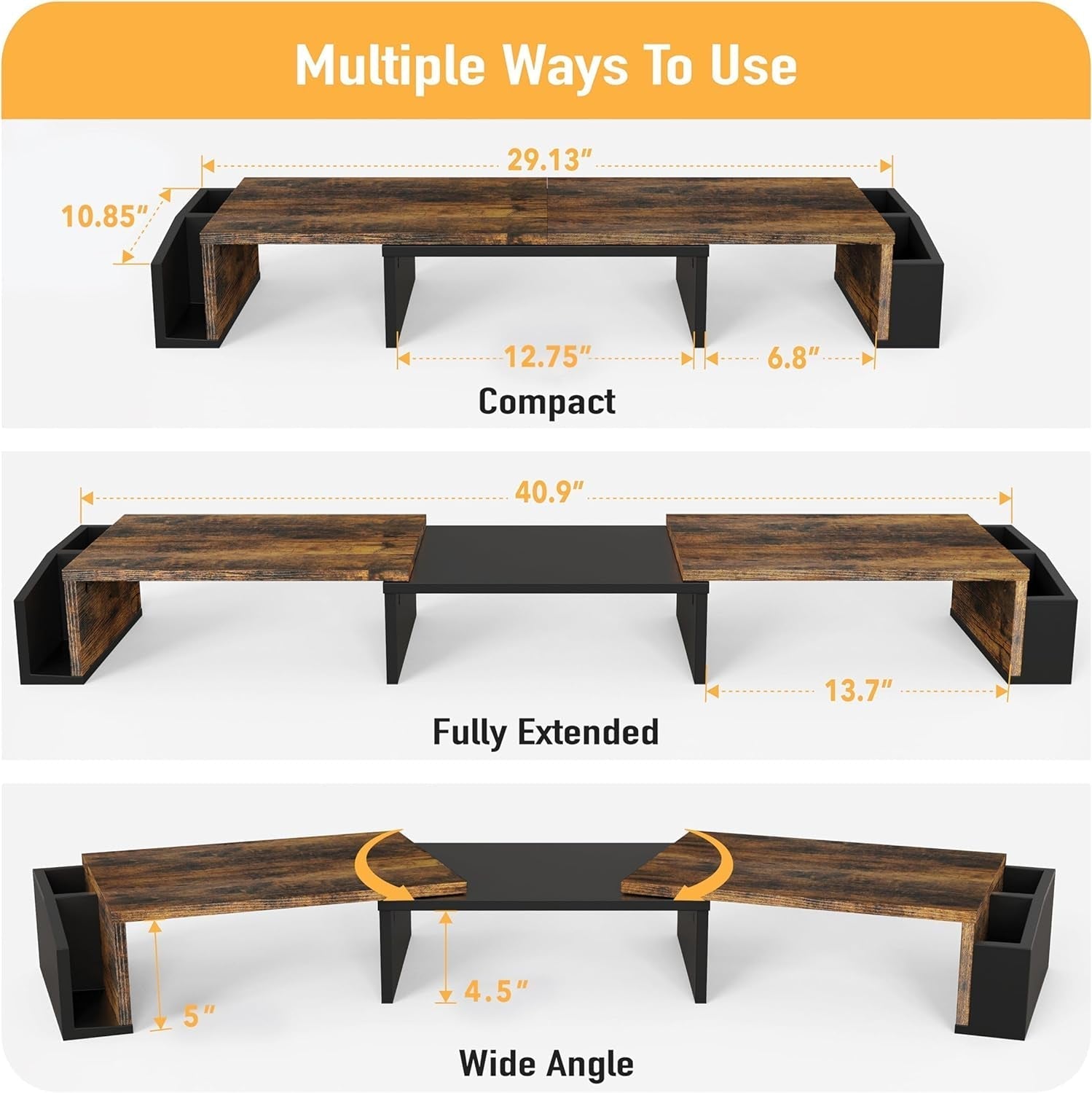 Adjustable wooden monitor stand with compact, extended, and wide-angle setups