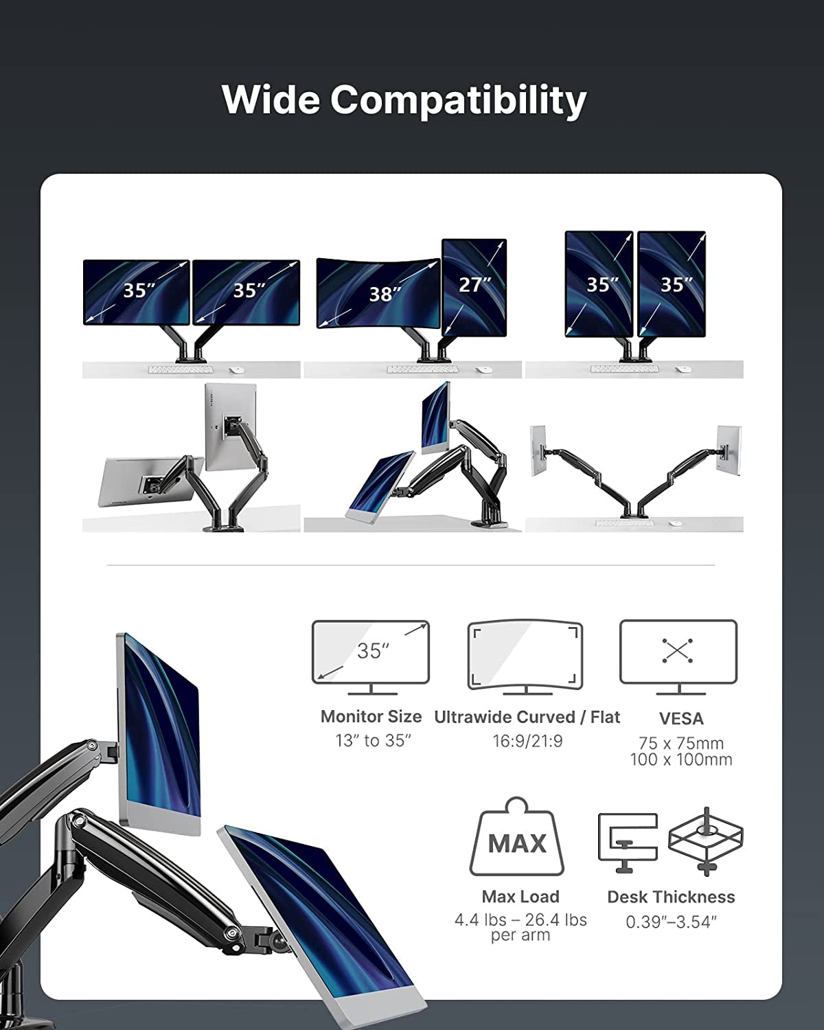Dual monitor desk mount with wide compatibility and adjustable arms