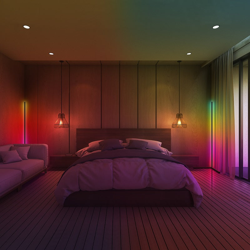 Bedroom with LED floor lights creating colorful ambient lighting