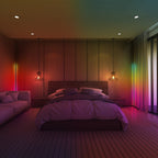 Bedroom with LED floor lights creating colorful ambient lighting