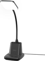 Sleek black LED desk lamp with flexible neck and wireless charging base.
