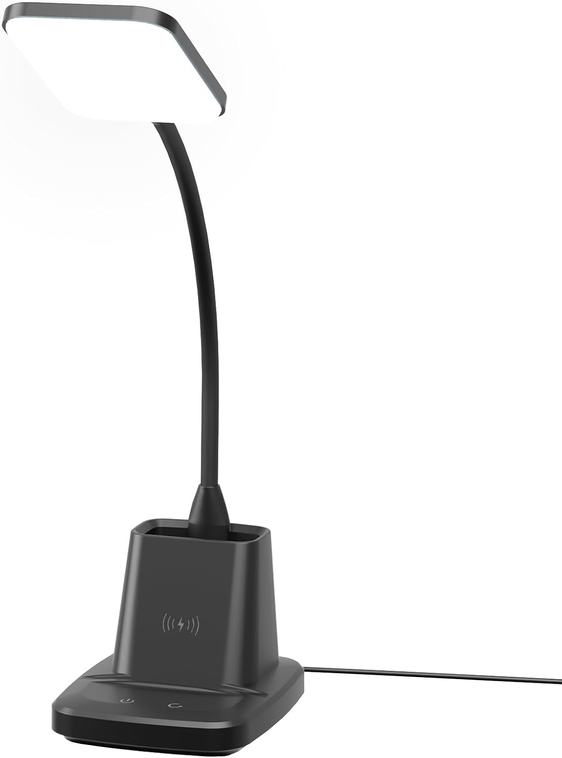 Sleek black LED desk lamp with flexible neck and wireless charging base.
