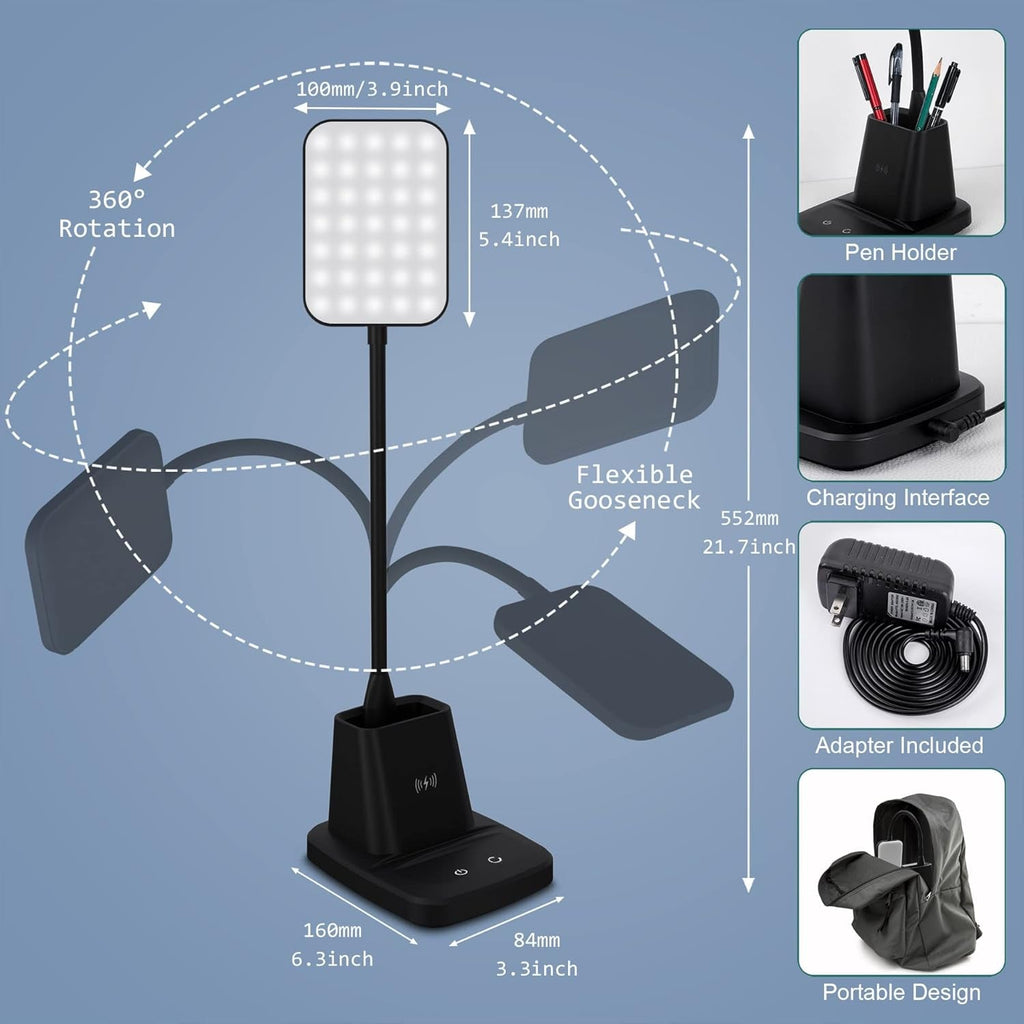 360° adjustable LED desk lamp with wireless charging and pen holder.

