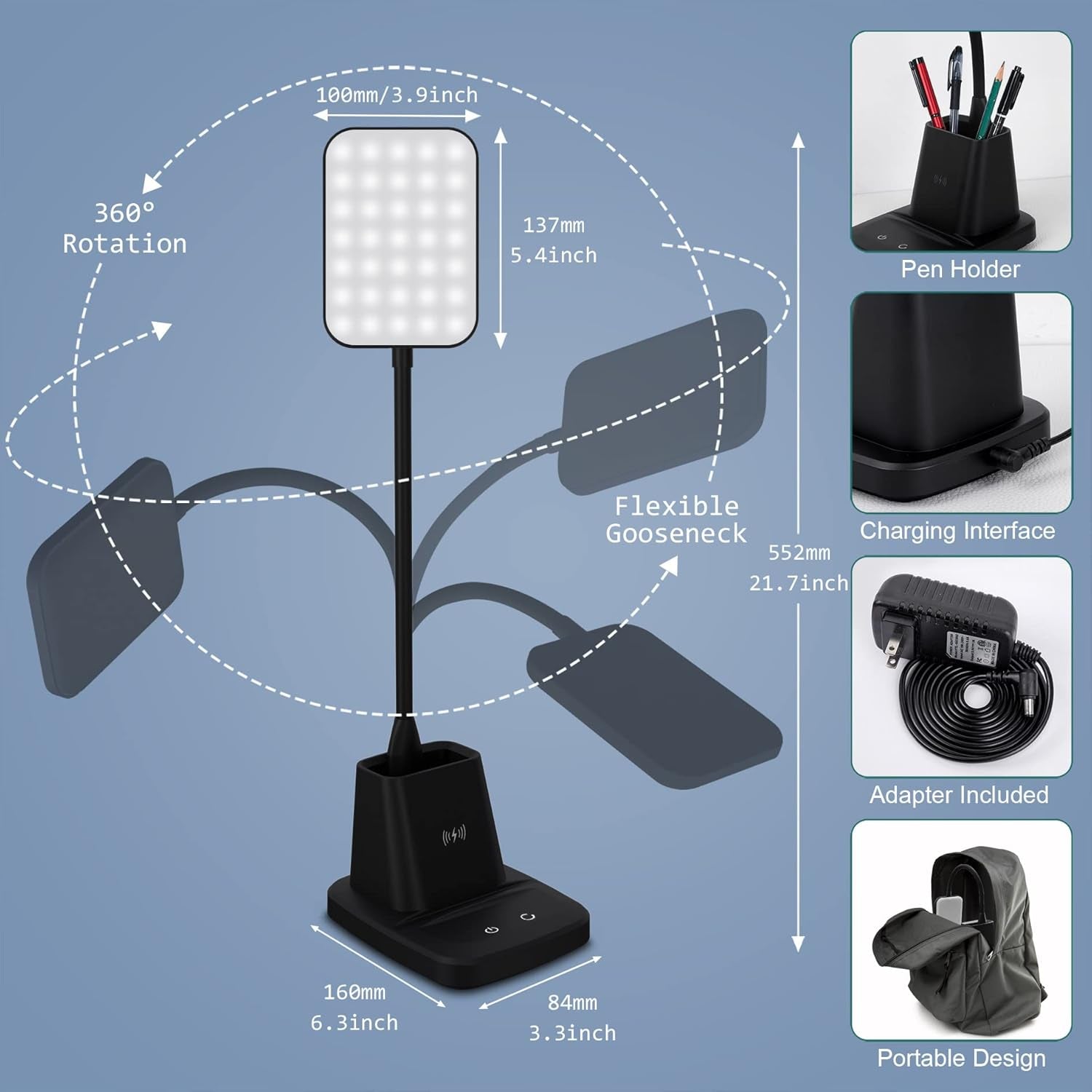360° adjustable LED desk lamp with wireless charging and pen holder.
