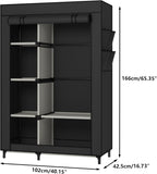 Spacious black fabric wardrobe with shelves and hanging space for organized storage.