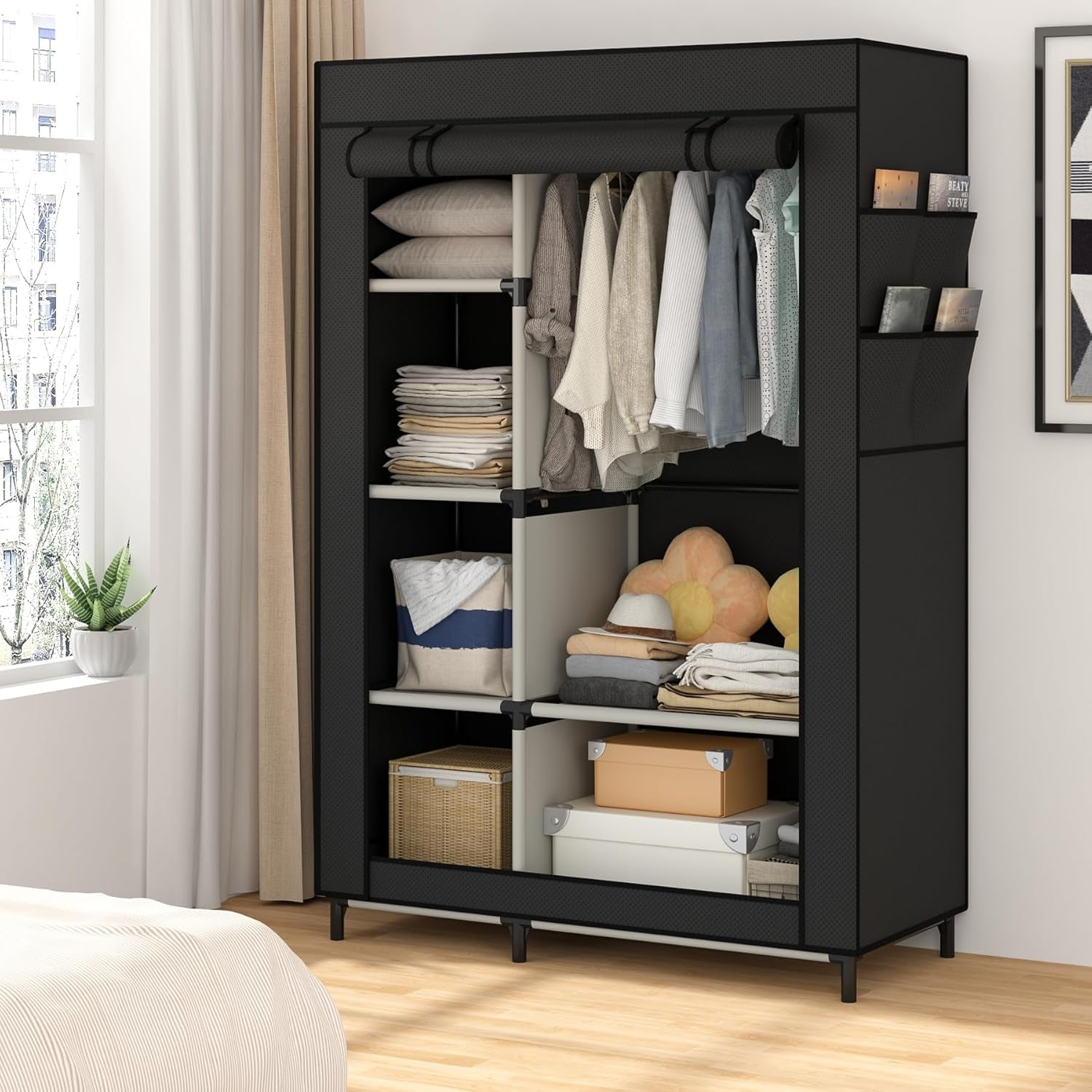 Modern fabric wardrobe with hanging rod, shelves, and side pockets for organized storage.