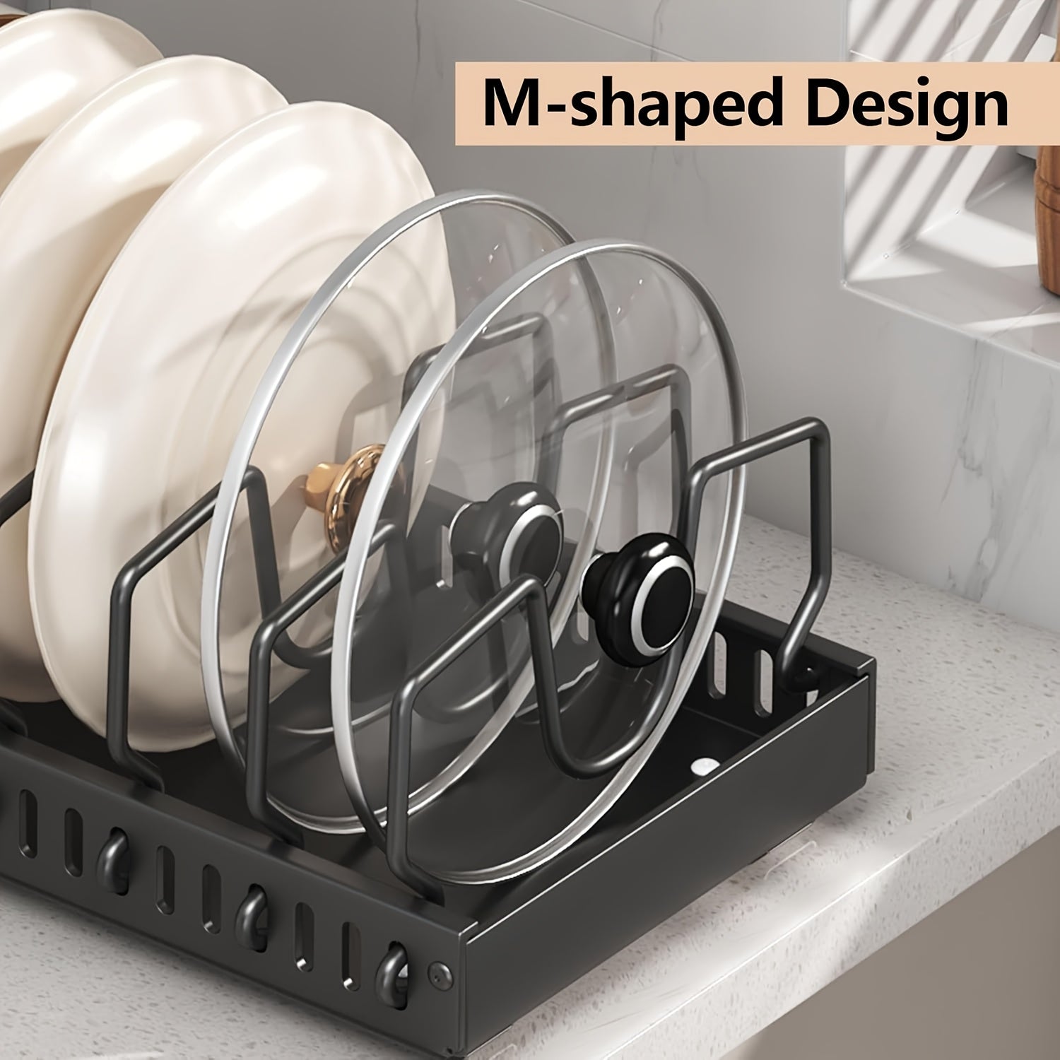 M-shaped kitchen organizer rack for pot lids and dish storage.
