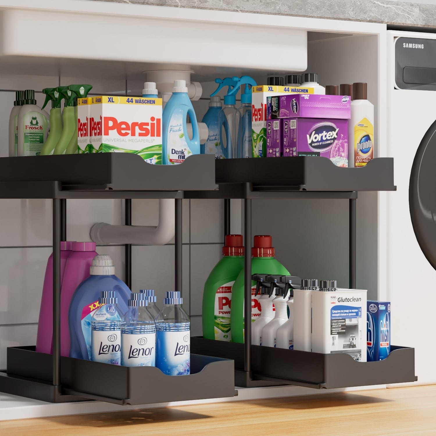 Under sink storage with laundry detergents and cleaning supplies organizer.