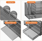 Mesh desk organizer with pen cups, file holder, sliding tray, and drawer