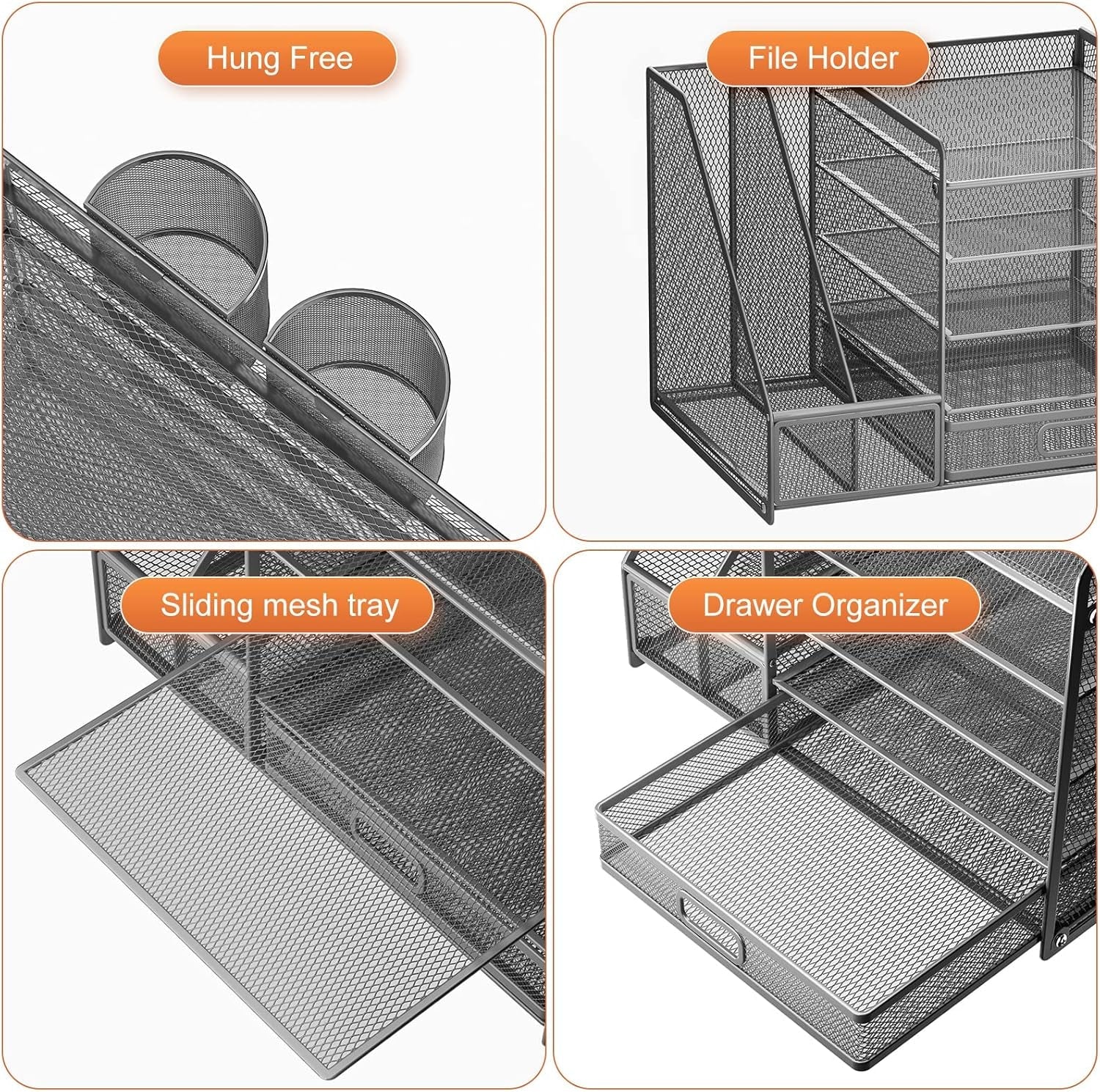 Mesh desk organizer with pen cups, file holder, sliding tray, and drawer