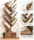 Sturdy tree-shaped bookshelf with anti-tip kit, triangular support, and storage drawer.