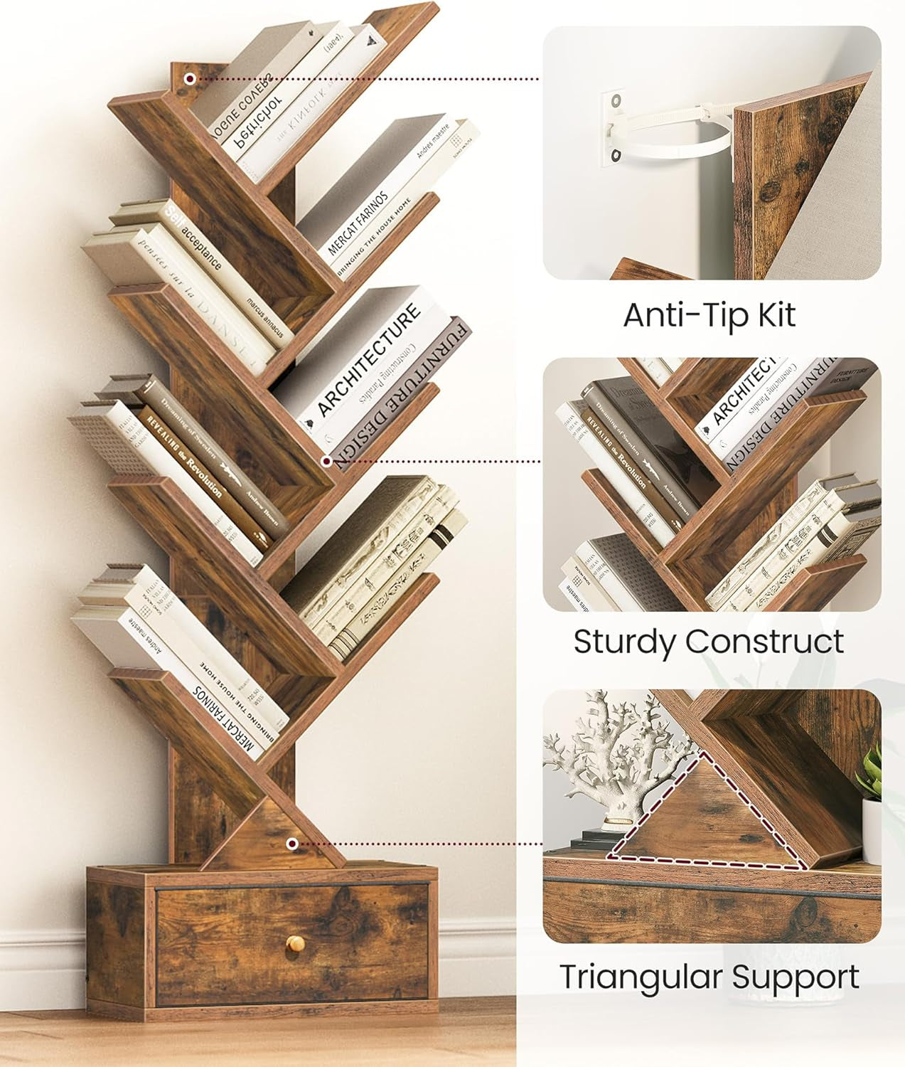 Sturdy tree-shaped bookshelf with anti-tip kit, triangular support, and storage drawer.