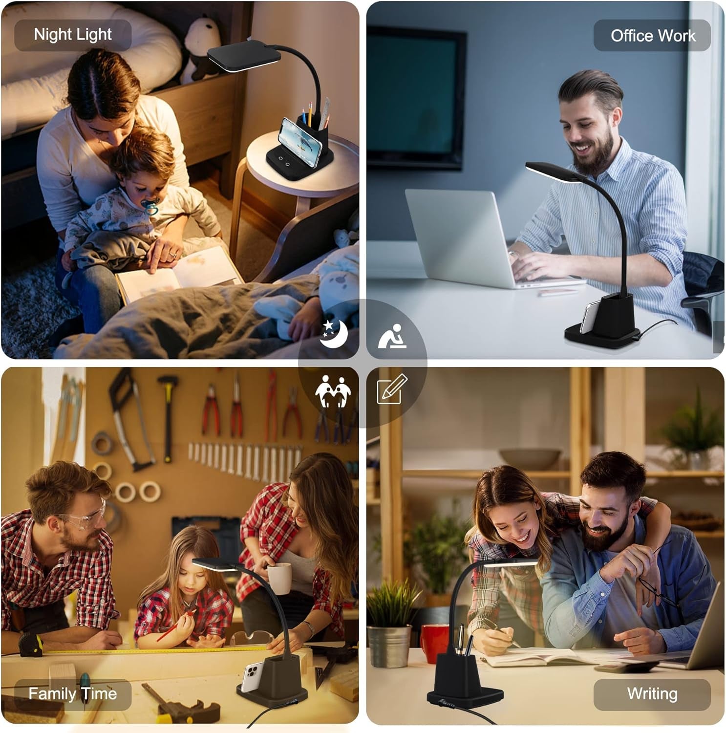 LED desk lamp with wireless charging, perfect for reading, work, study, and family use.
