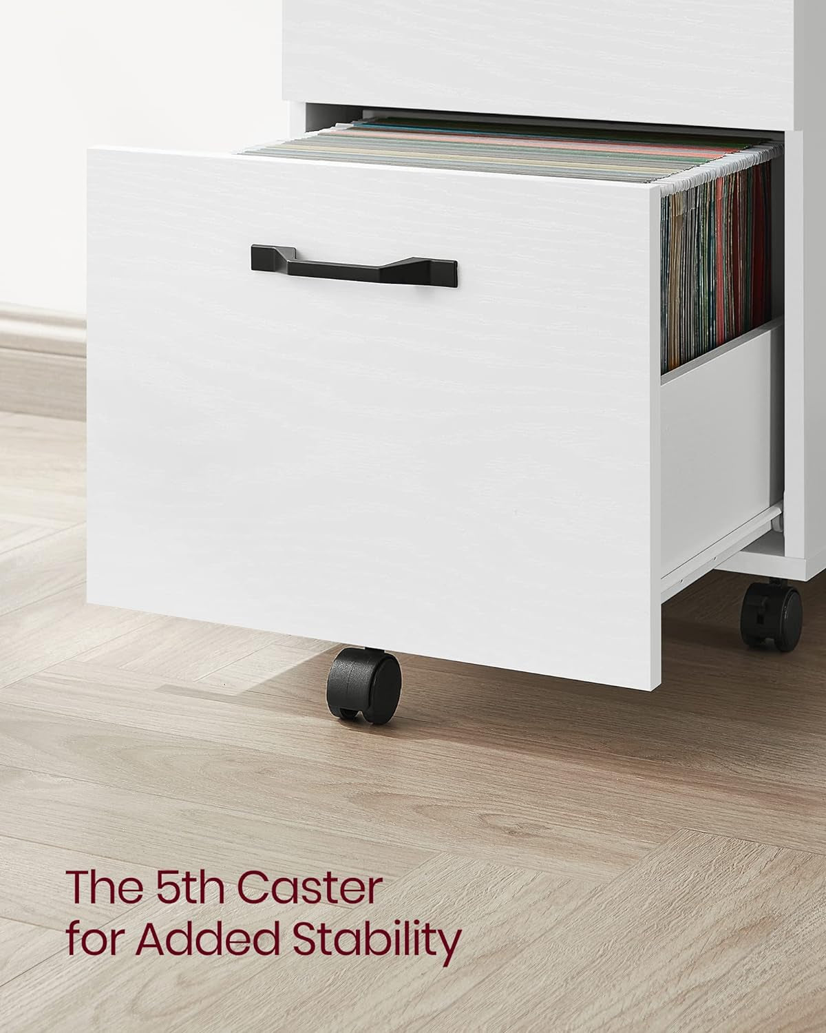 White filing cabinet with 5th caster wheel for added stability and smooth mobility.