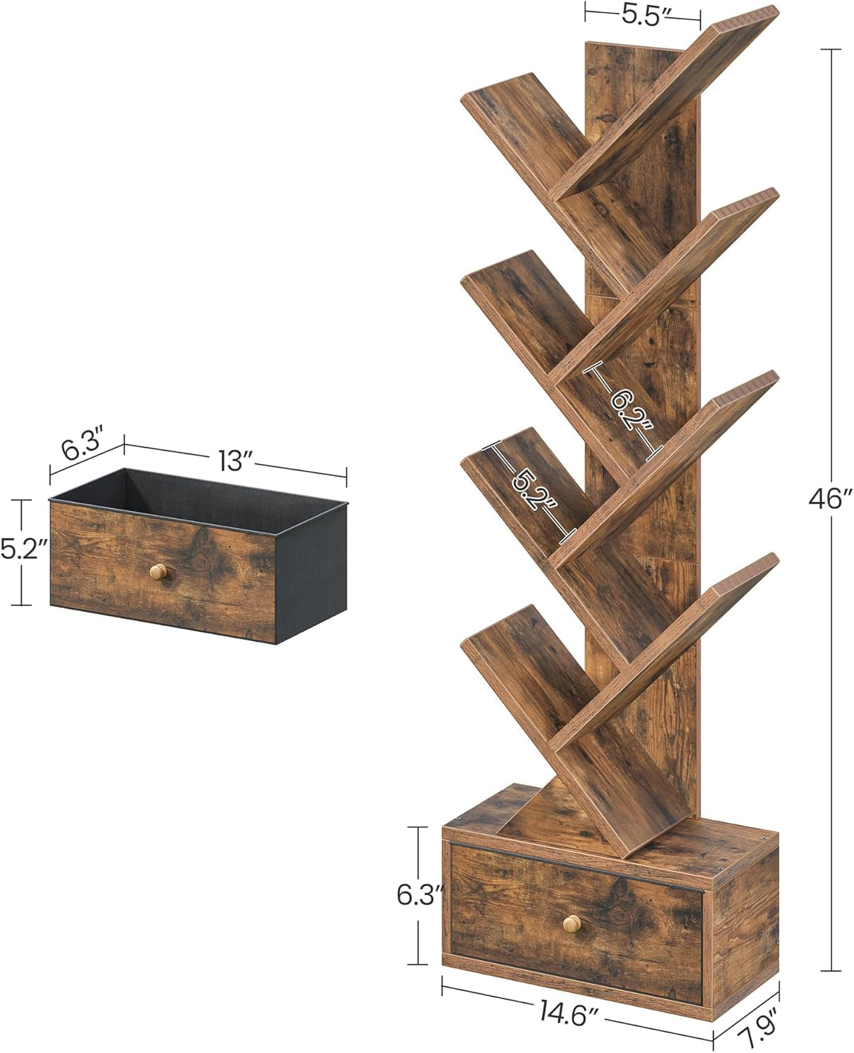Wooden tree-shaped bookshelf with 8 tiers and bottom storage drawer for books and decor.