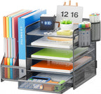 Metal mesh desk organizer with shelves, file holder, and pen cups