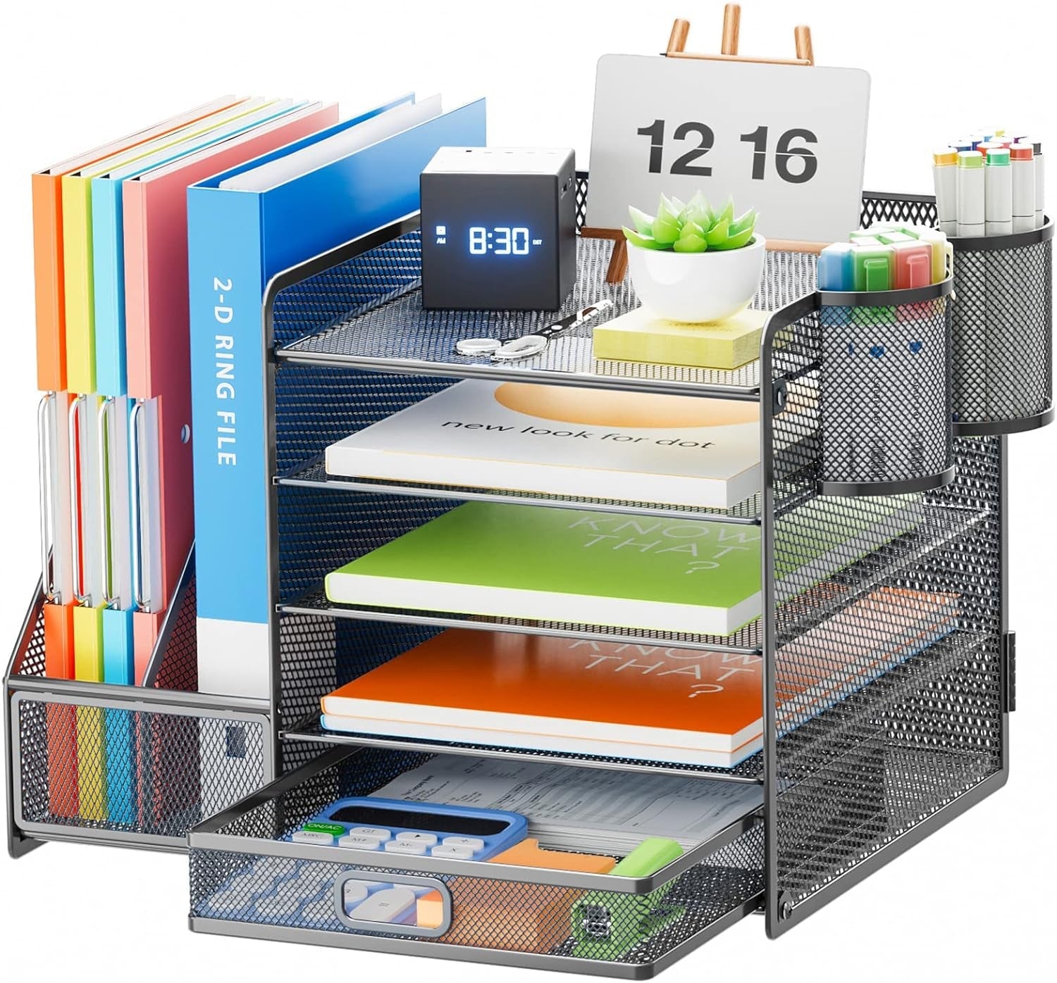 Metal mesh desk organizer with shelves, file holder, and pen cups