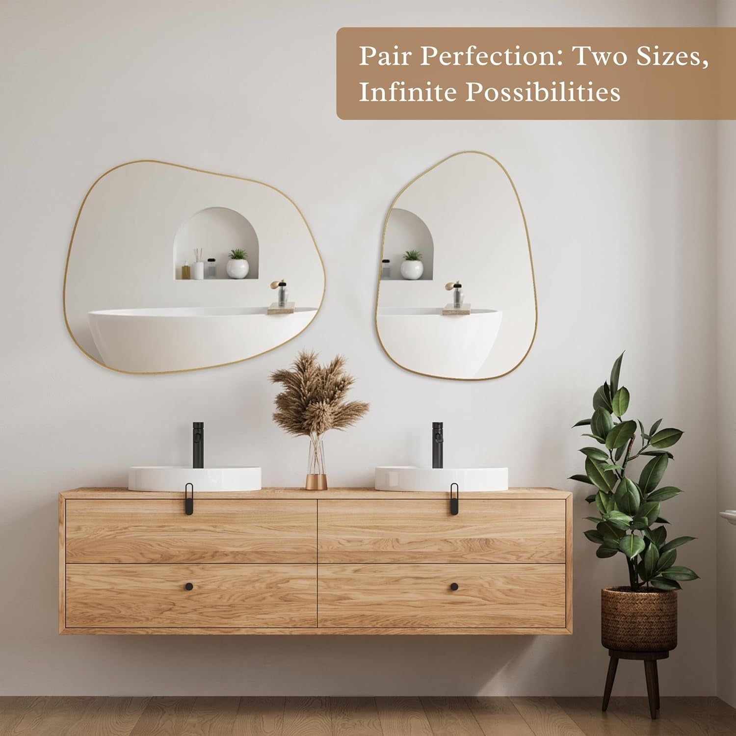 Set of two gold irregular wall mirrors, stylish vanity décor for modern bathrooms.
