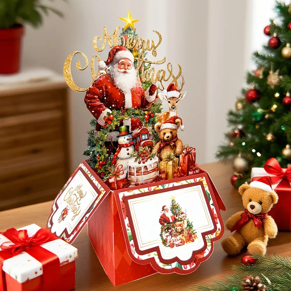 Christmas Tree Greeting Cards Santa Claus Reindeer Xmas Party Pop Up Card 3D Postcard with Envelope Holiday Decor Supplies 1pcs