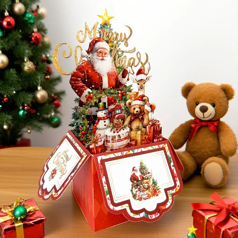 Christmas Tree Greeting Cards Santa Claus Reindeer Xmas Party Pop Up Card 3D Postcard with Envelope Holiday Decor Supplies 1pcs