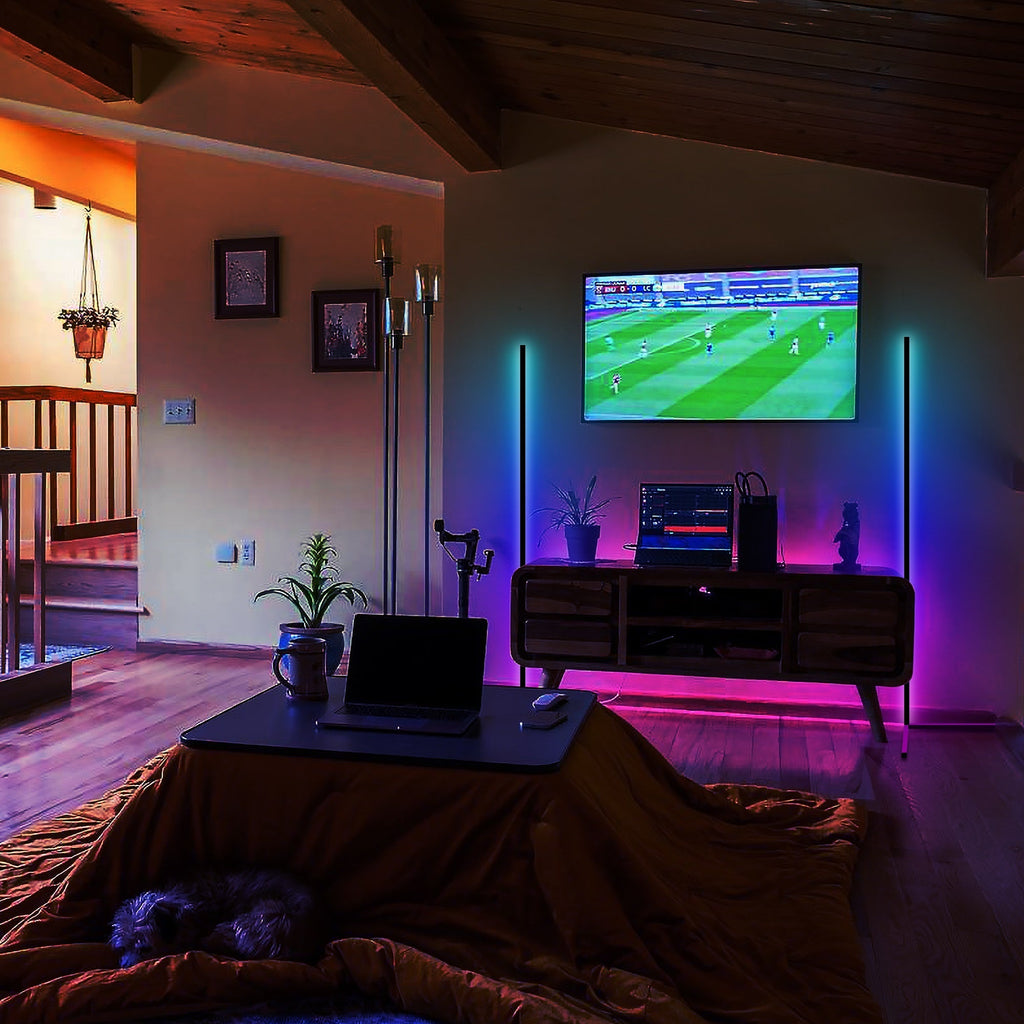 Living room TV setup with colorful LED floor lights