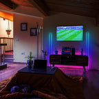 Living room TV setup with colorful LED floor lights