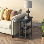 Narrow black sofa side table with shelves and built-in charging station.
