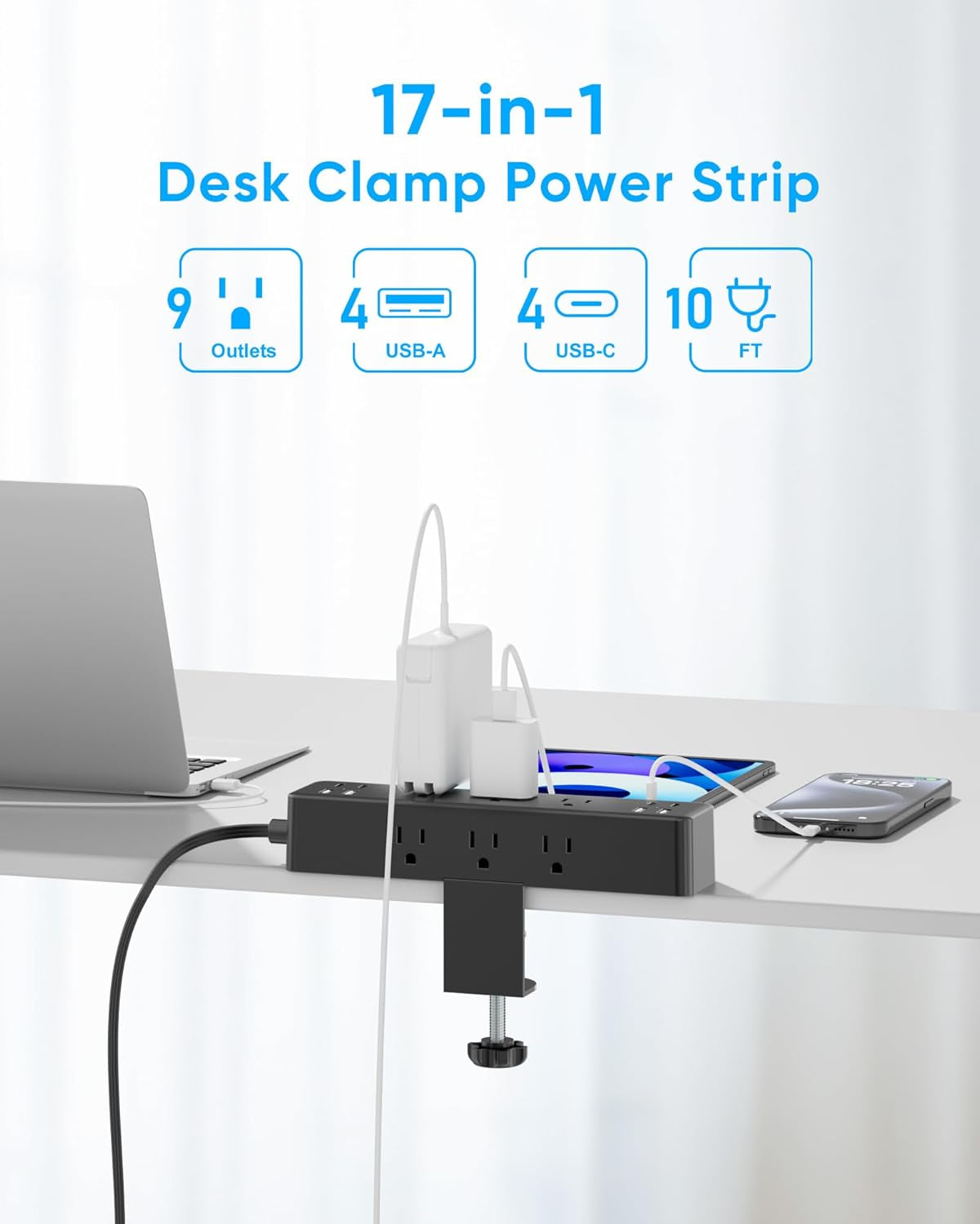 17-in-1 desk clamp power strip with USB ports and outlets