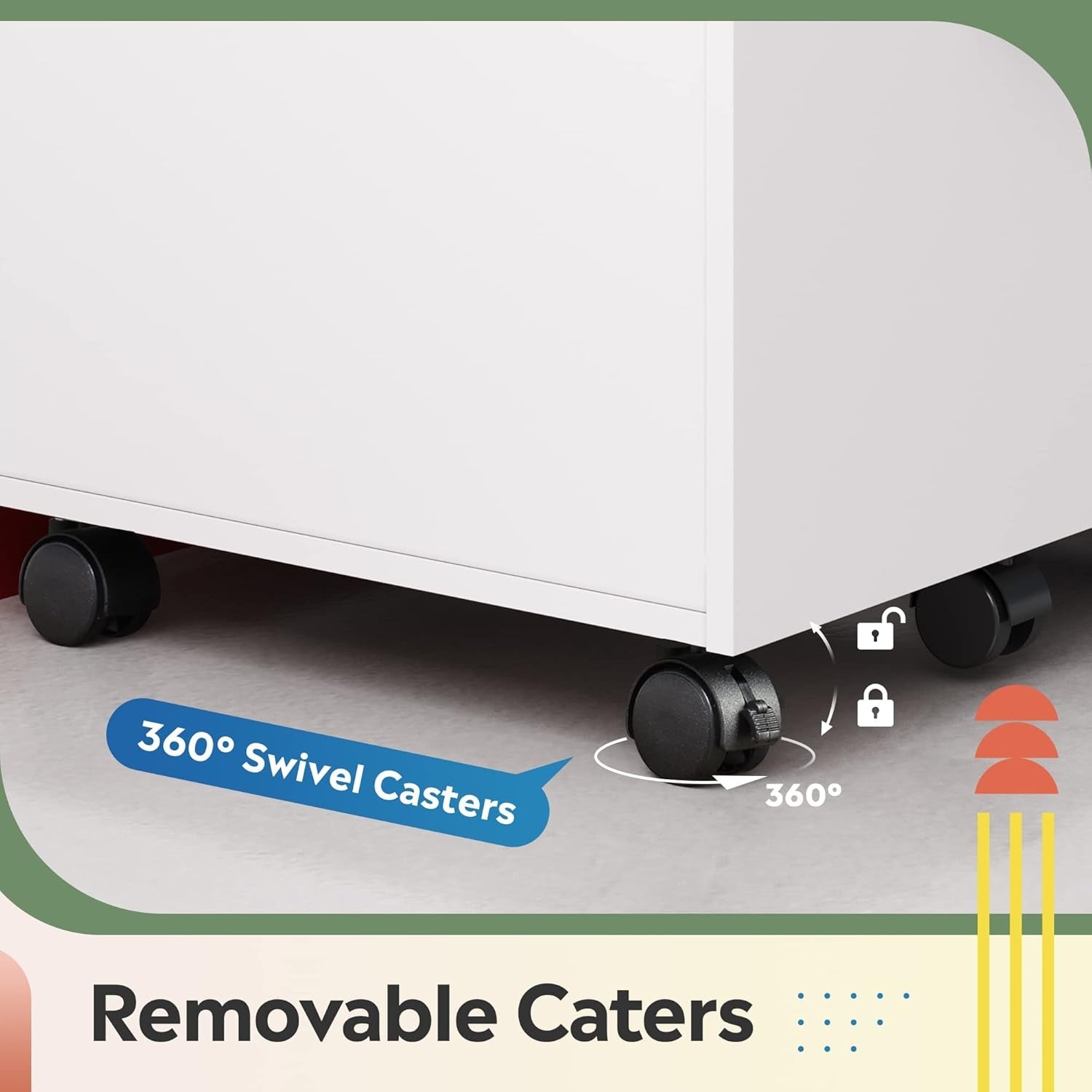 Filing cabinet with 360° swivel removable casters for easy mobility and stability.