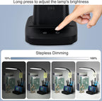 Touch control LED desk lamp with stepless dimming and adjustable brightness.
