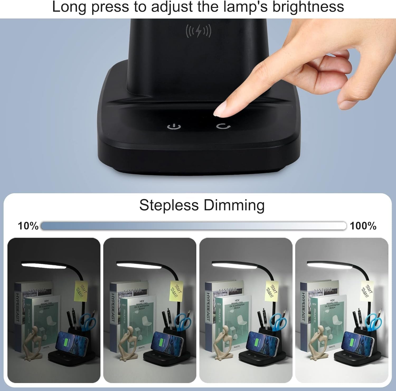 Touch control LED desk lamp with stepless dimming and adjustable brightness.
