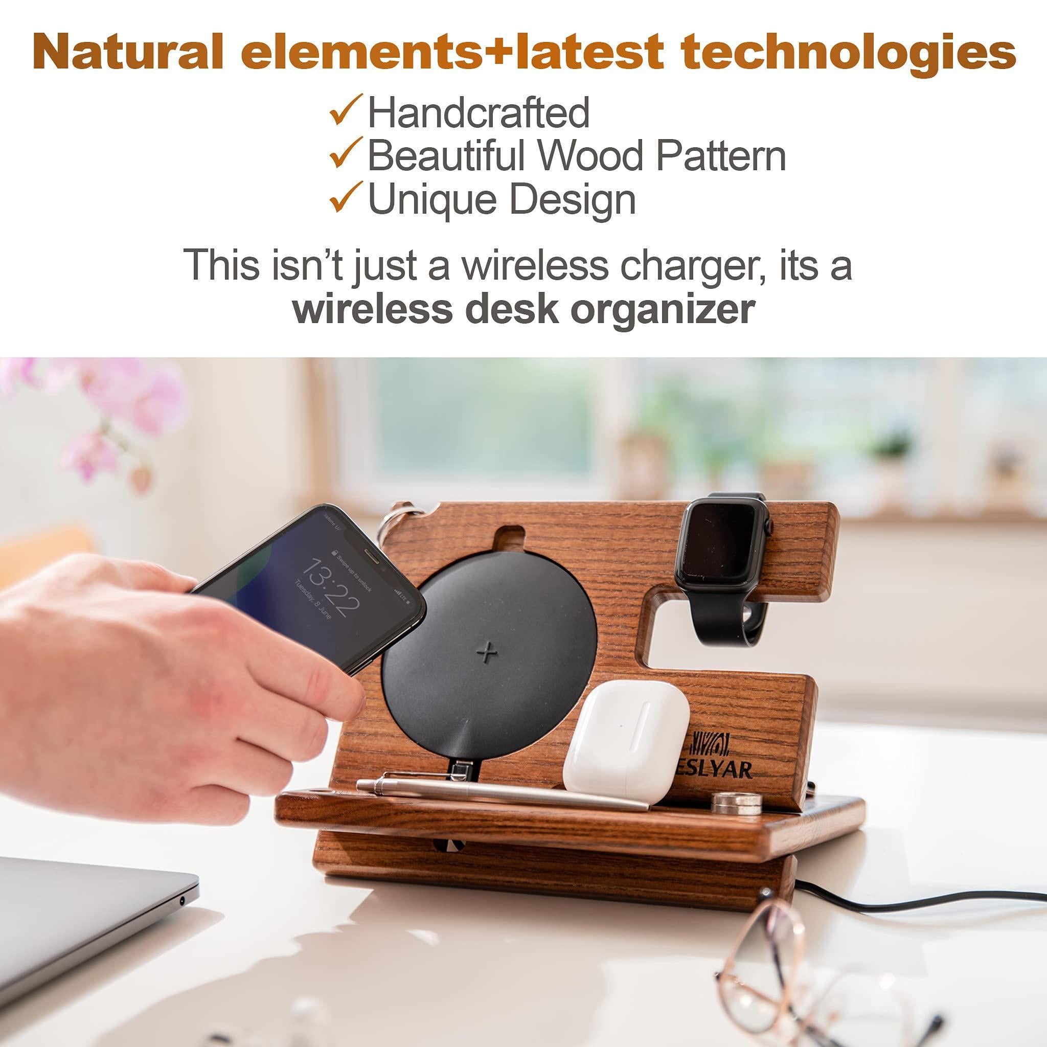 Wooden wireless charging station and desk organizer for devices