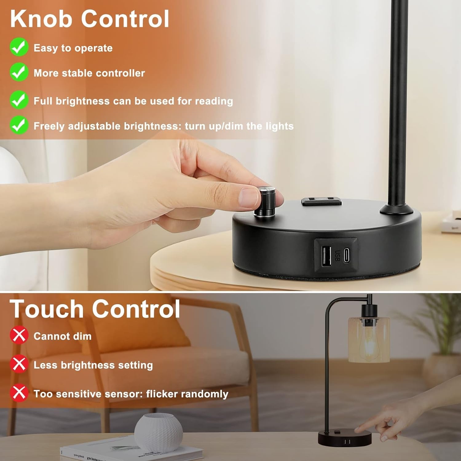 Table lamp with knob control for brightness adjustment