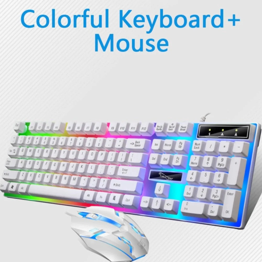 White colorful RGB gaming keyboard with matching LED mouse
