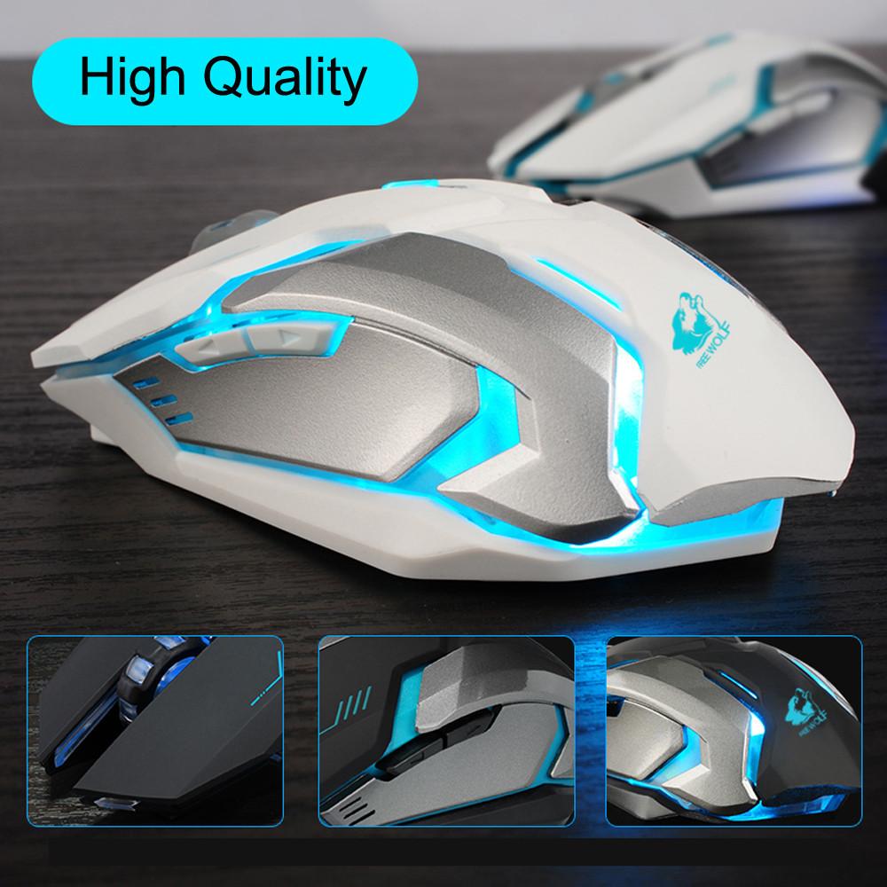 White and silver gaming mouse with blue LED lighting design