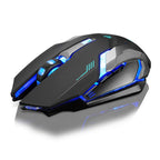 Black and blue LED gaming mouse with sleek ergonomic design