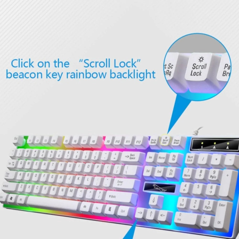 White RGB gaming keyboard with scroll lock rainbow backlight feature