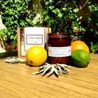 Citrus and sage soy candle with lemon, lime, and orange for a fresh aroma.
