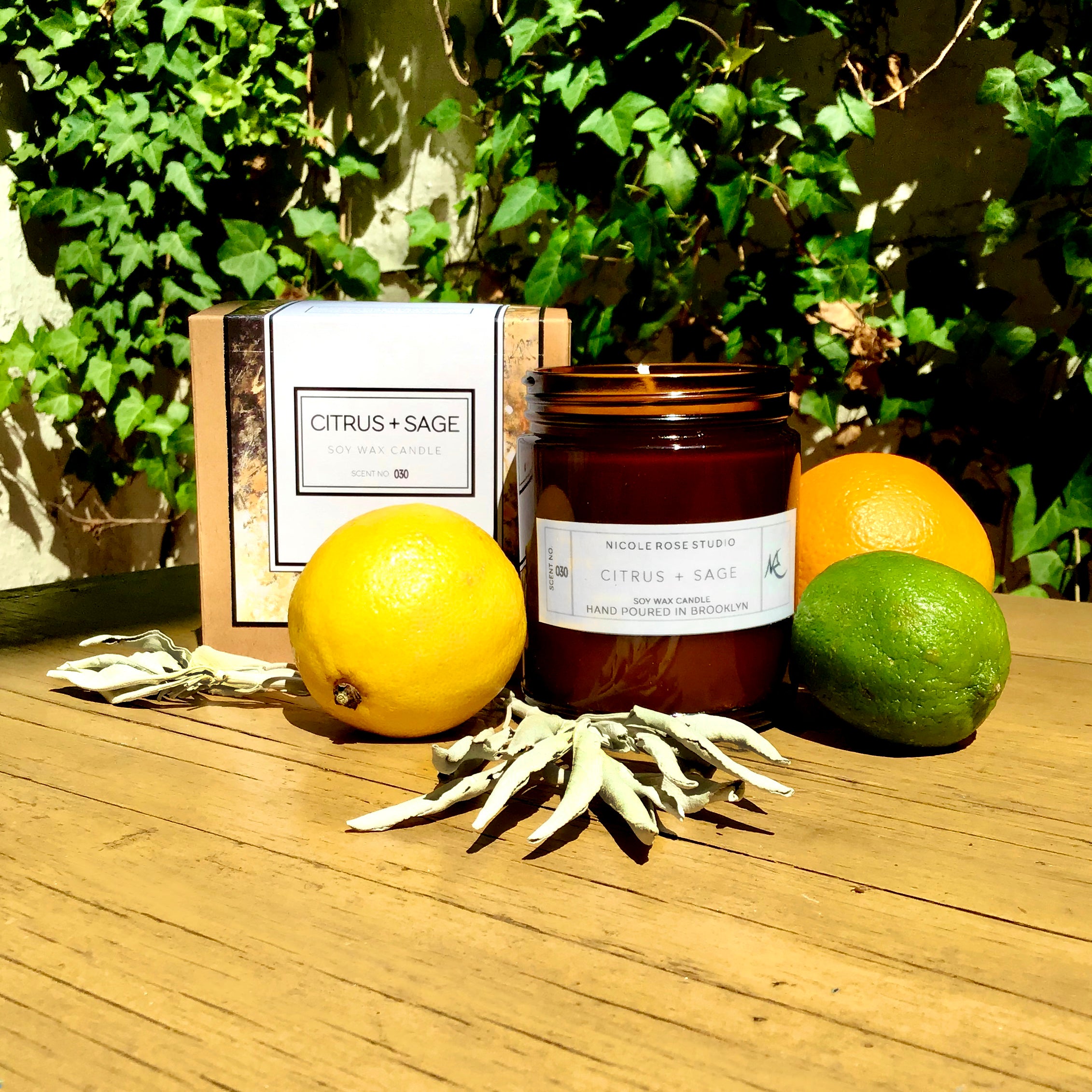 Citrus and sage soy candle with lemon, lime, and orange for a fresh aroma.

