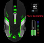Black and green rechargeable gaming mouse with power-saving chip