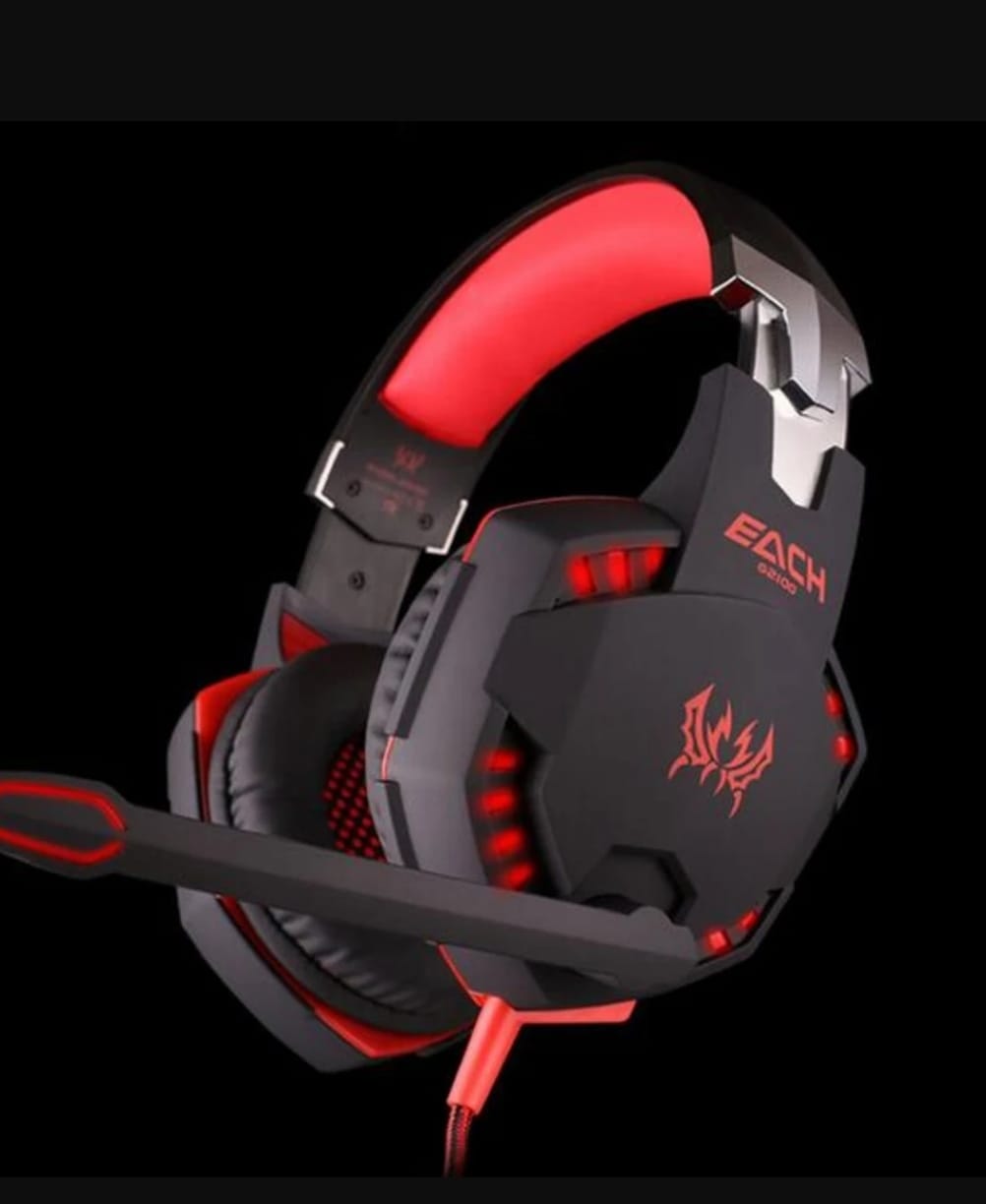 Black and red gaming headset with LED lights and microphone