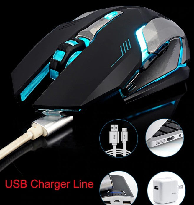 Rechargeable gaming mouse with USB charging cable and LED lights