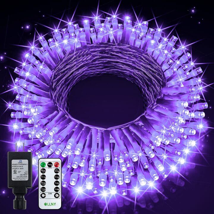 Purple LED string lights with remote control, perfect for party and holiday décor.
