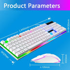 White RGB gaming keyboard and mouse with size dimensions