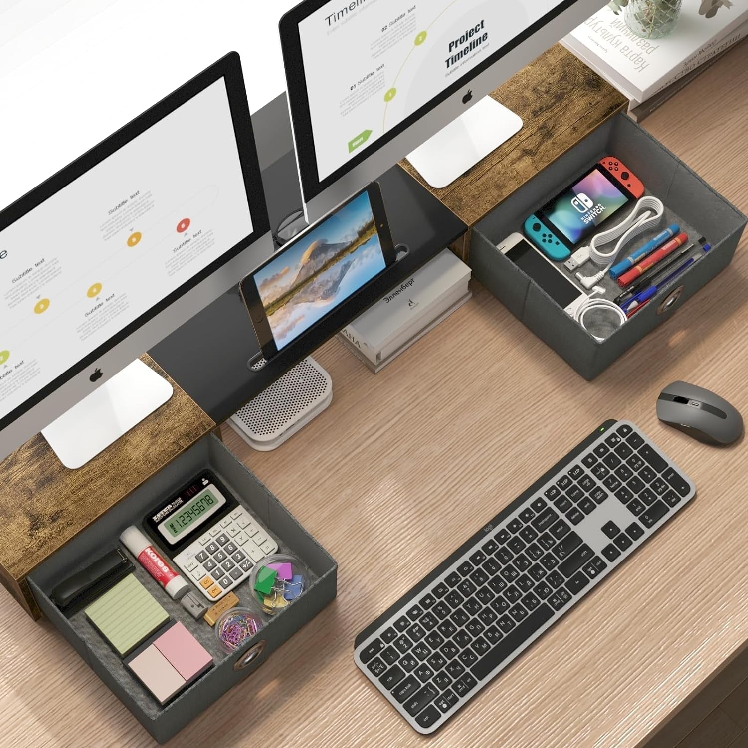 Dual monitor stand with side drawers for desk organization